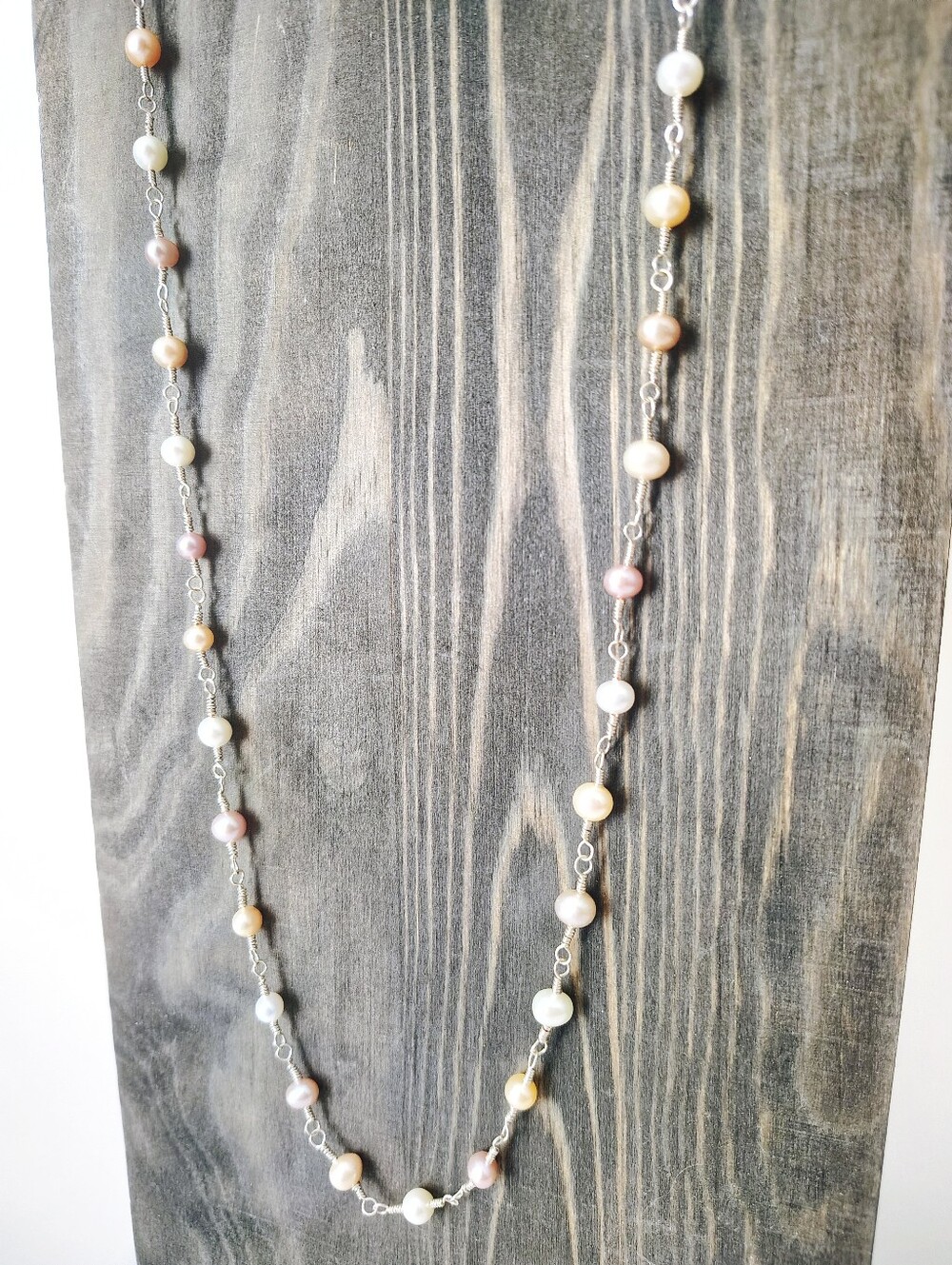 Handmade Wire Wrapped Tricolored Pearl Chain Necklace
